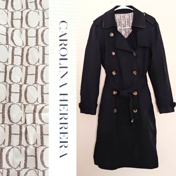 VTG Carolina Herrera Dk Navy Classic Belted Trench Coat Logo Lining Sz M - Picture 1 of 16